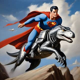 Superman chevauchant un dinosaure.