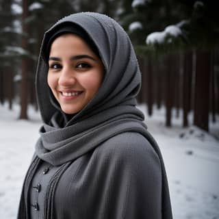 in a grey shawl smiles for the camera