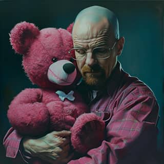 Walter White sosteniendo un oso de peluche.