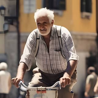 an elderly man riding a bike in the street