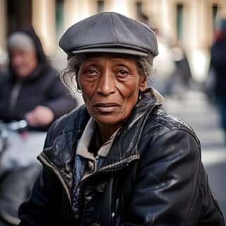 an old woman sitting on a bench in the street