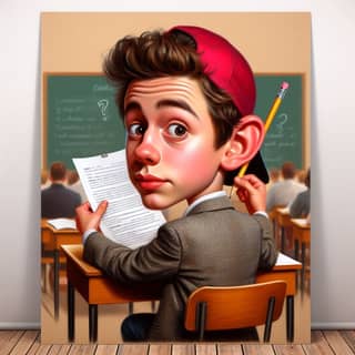a caricature of a boy in a red cap holding a pencil