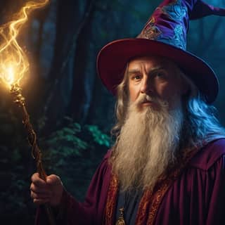 a wizard in a forest holding a wand