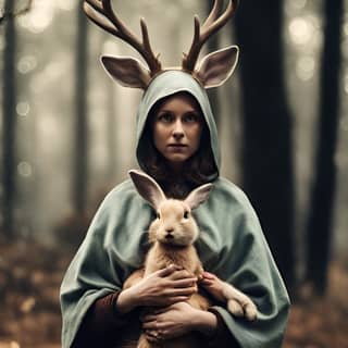 in a deer costume holding a rabbit