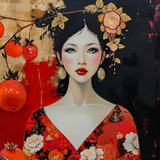 holding a bowl of pomegranates