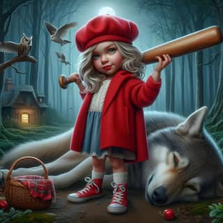 a little girl holding a baseball bat and a wolf