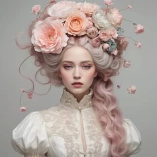 with long pink hair and a flower headpiece