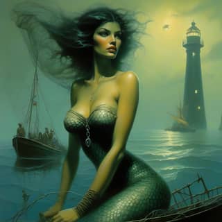 a mermaid in a boat with a lighthouse in the background