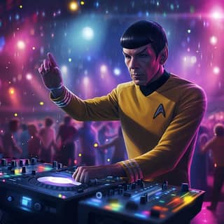 スタートレックのスポックがパーティーでDJをしています。