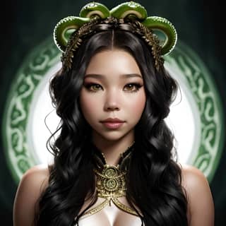 woman with long black hair and a snake head