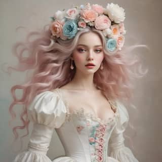 woman with pink hair wearing a white dress