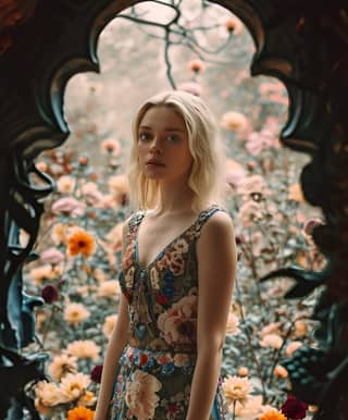 in a floral dress standing in a flower garden