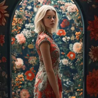 in a floral dress standing in front of a floral wall