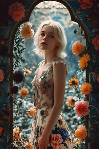 in a floral dress standing in front of a mirror