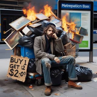sitting on a pile of garbage with a phone on his ear