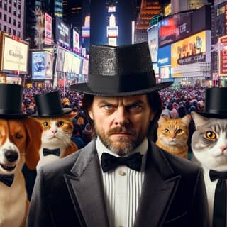 the man in the top hat and bow tie with cats