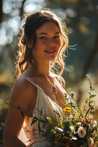 bride in a forest holding a bouquet