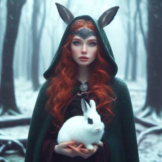 in a green cloak holding a rabbit