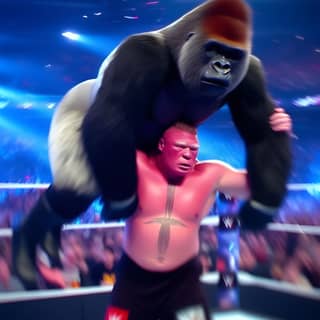 is being carried by a gorilla in a wrestling ring