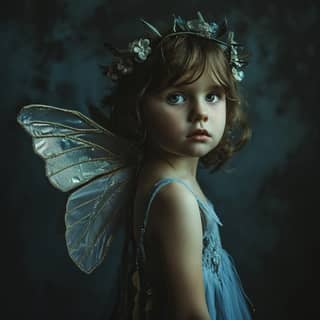 a little girl in a blue dress with fairy wings