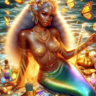 a mermaid with a gold necklace and butterfly wings