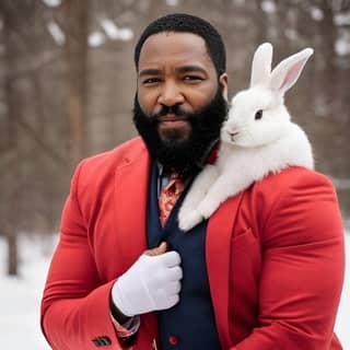 in a red suit holding a rabbit