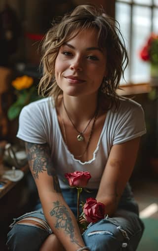 with tattoos holding a rose