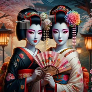 two geisha girls holding fan