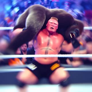 a wrestler is holding a gorilla in the air
