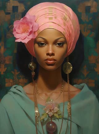 with a turban and a pink flower