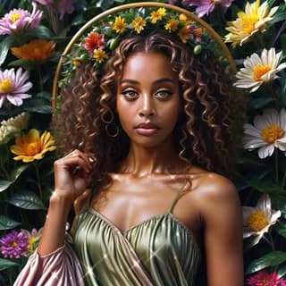 woman with curly hair and flowers in her hair