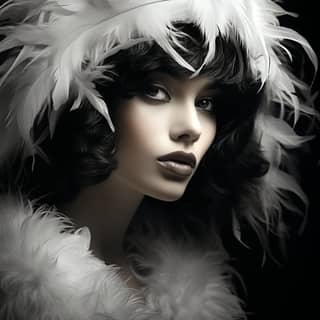 in a white feather hat