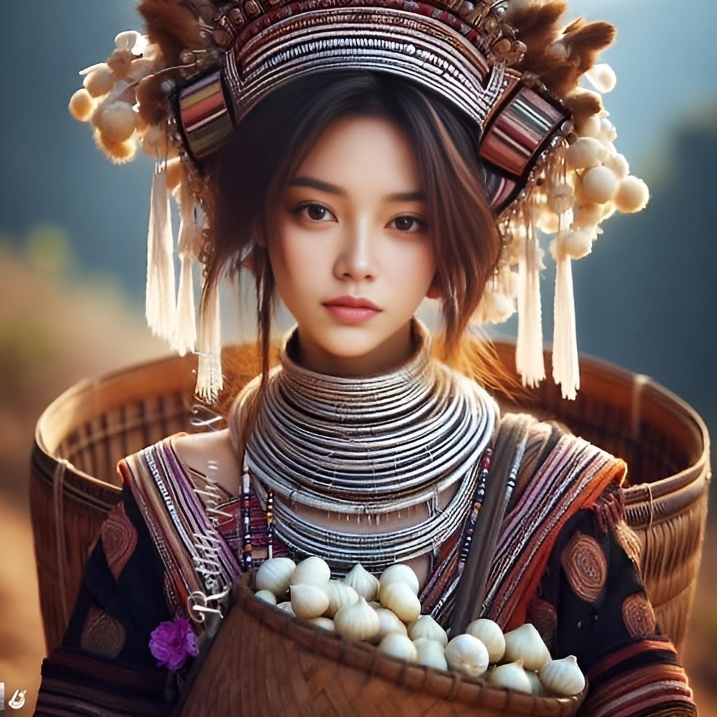 woman in a traditional costume holding a basket of food