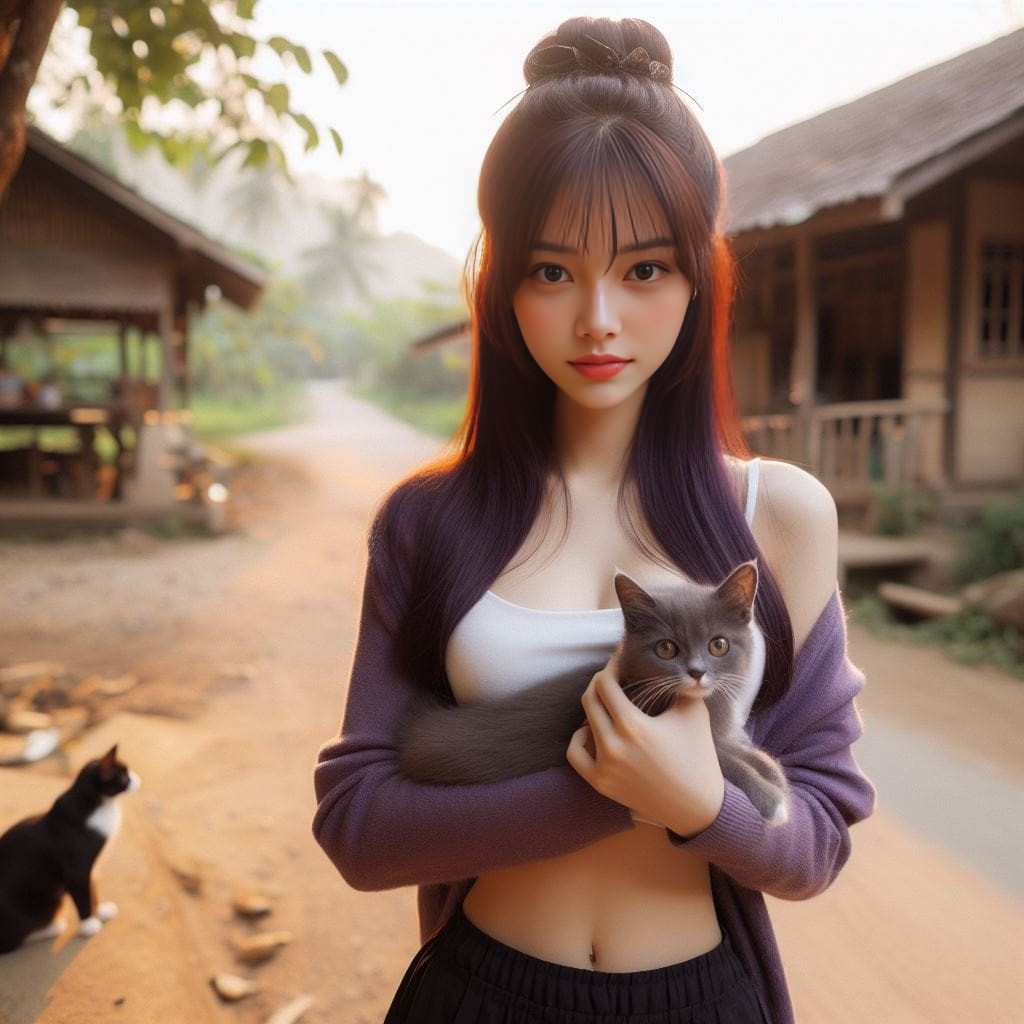 holding a cat in front of a house