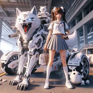 a girl in a school uniform standing next to a wolf