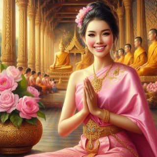 thai girl in pink dress sitting in front of buddhist temple