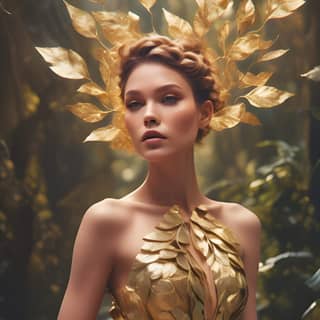 in a gold dress with leaves on her head