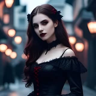 in a gothic dress standing in the middle of a street