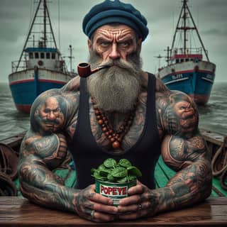 a tattooed man with a beard and a pipe