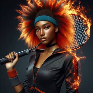 with a fire head holding a tennis racket