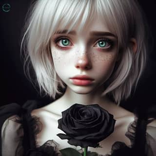 a girl with green eyes and a black rose