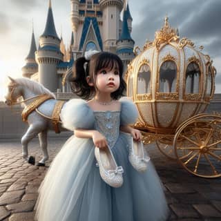 a little girl in a princess dress standing in front of a cinderella carriage