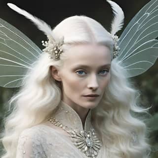 with white hair and wings is dressed in a fairy costume