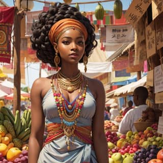 woman in a colorful dress standing in front of a fruit stand