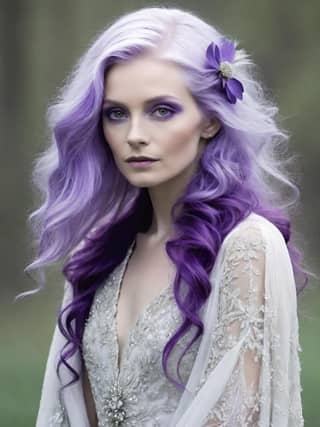 woman with purple hair and a flower in her hair