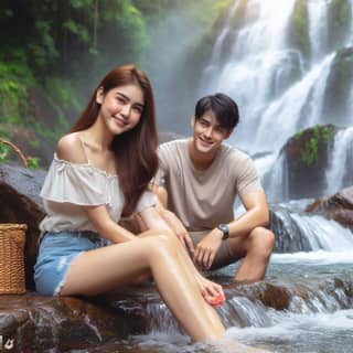 couple sitting on a rock near a waterfall