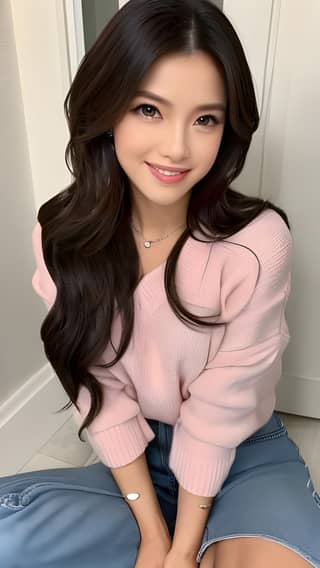 in a pink sweater and jeans