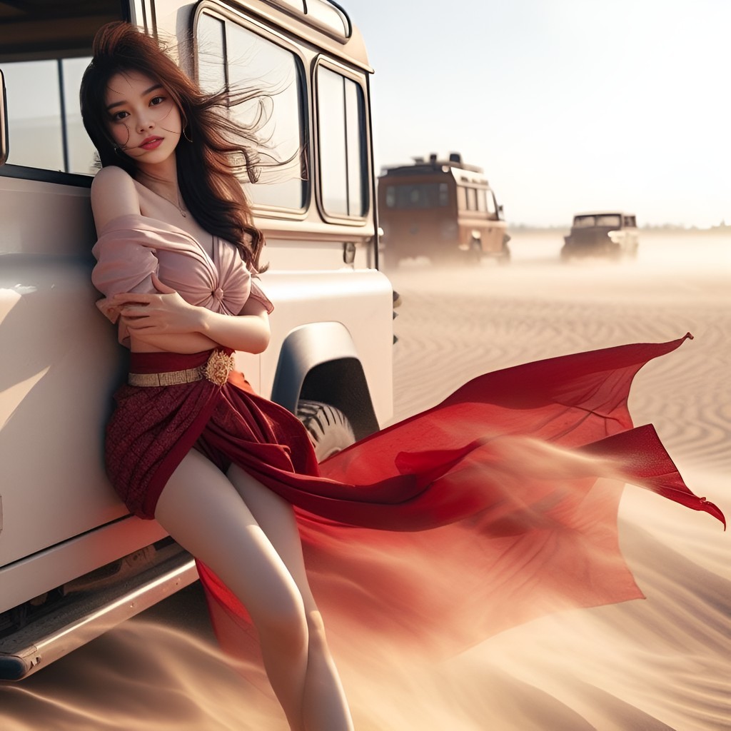 in a red dress standing next to a car in the desert