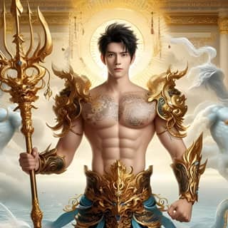 Dewa laki-laki Poseidon di awan.