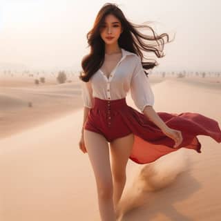 in a white shirt and red skirt running through the desert